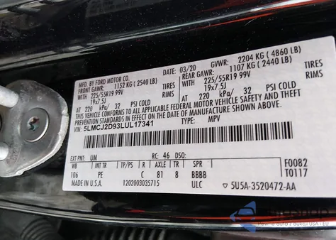 2020 Lincoln Corsair Reserve z USA, uszkodzony, nr VIN 5LMCJ2D93LUL17341